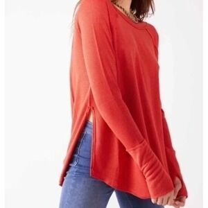 Free People Womens Oversized Red Waffle Knit Long Sleeve Pullover Top Size M